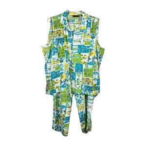 Investments 2pc Set Outfit Womens 2X Teal Blue Green Abstract Top + Crop Pant